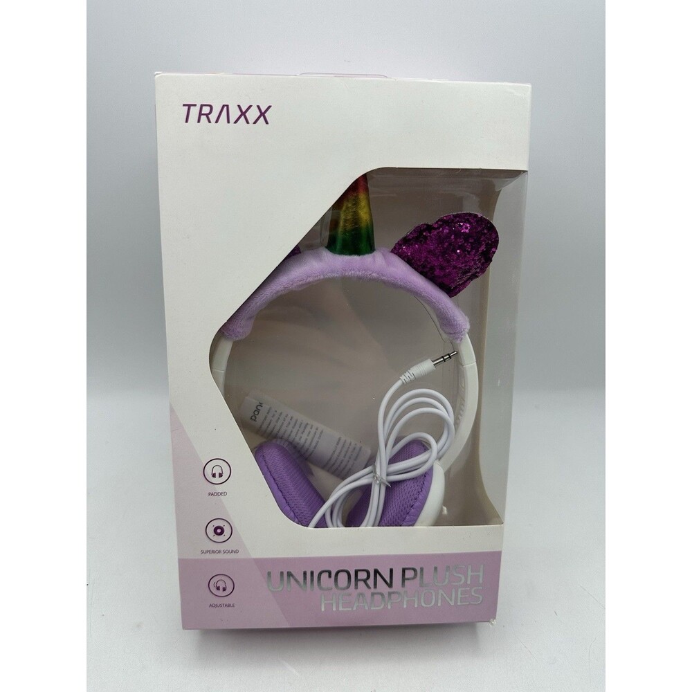 Traxx Unicorn Plush Headphones Over the Head Plug in Purple/Rainbow Horn NEW